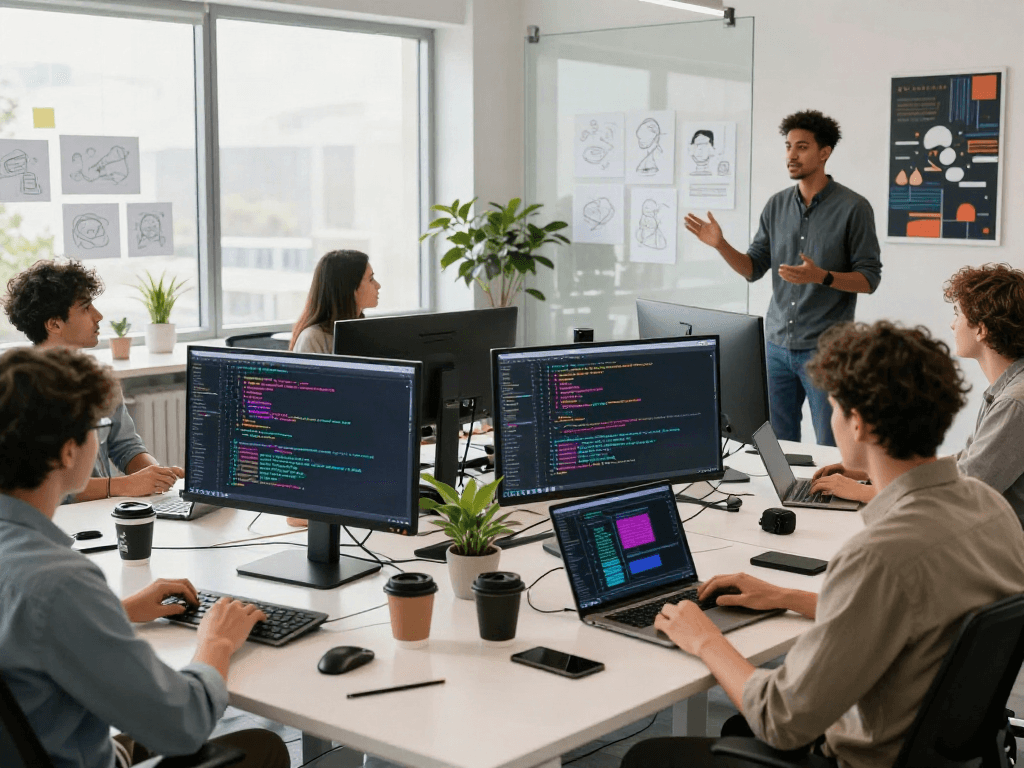 Team collaborating on innovative crush ai software in a modern workspace.
