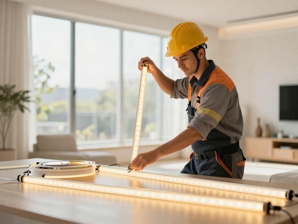 Instalator profesionist montând banda LED 220V în interior, serviciu de încredere și local.