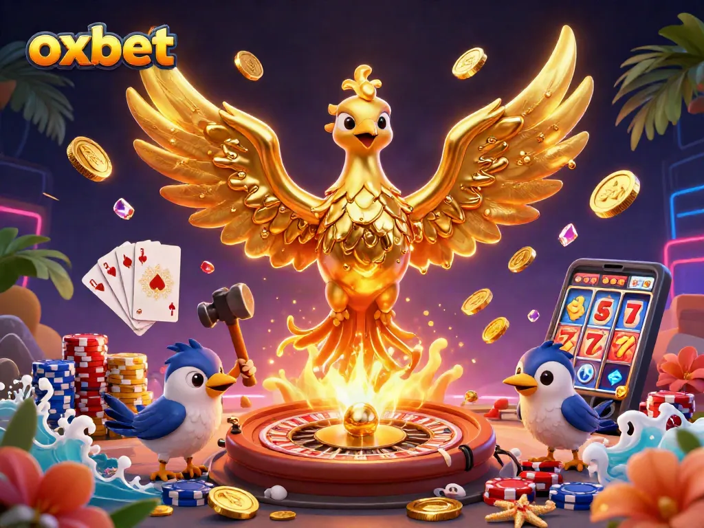 Join the thrilling action at OXBET with dynamic casino illustrations featuring golden coins and roulette.
