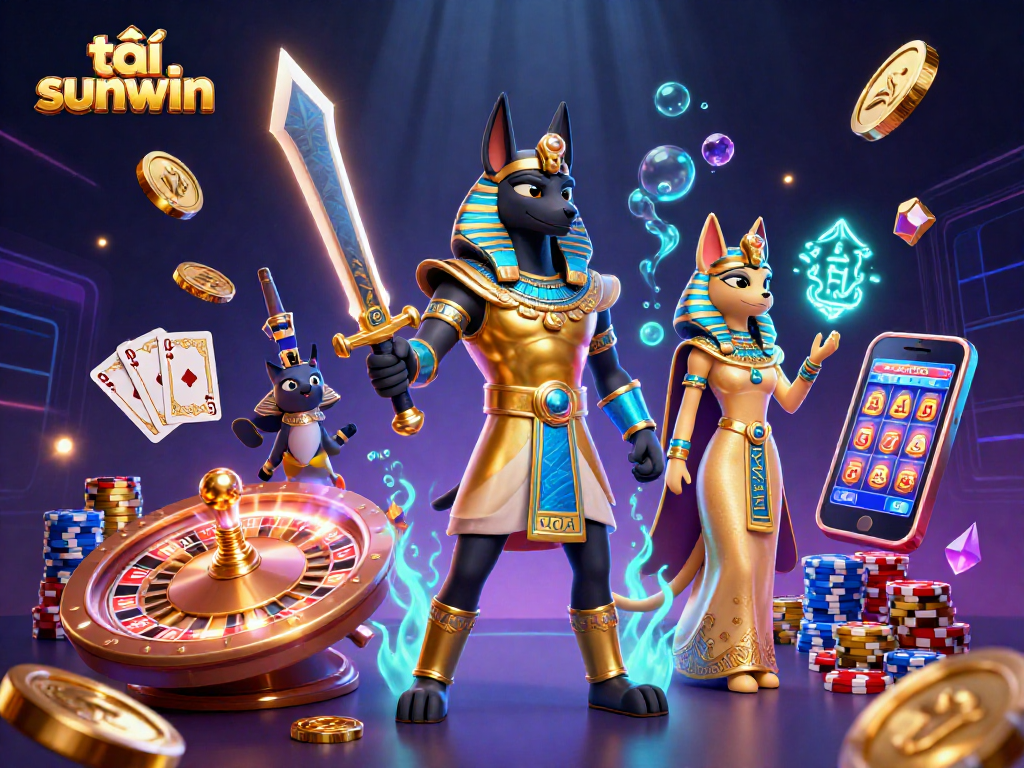 Play exciting slot games and win at tải sunwin with vibrant illustrations of Anubis and Bastet.