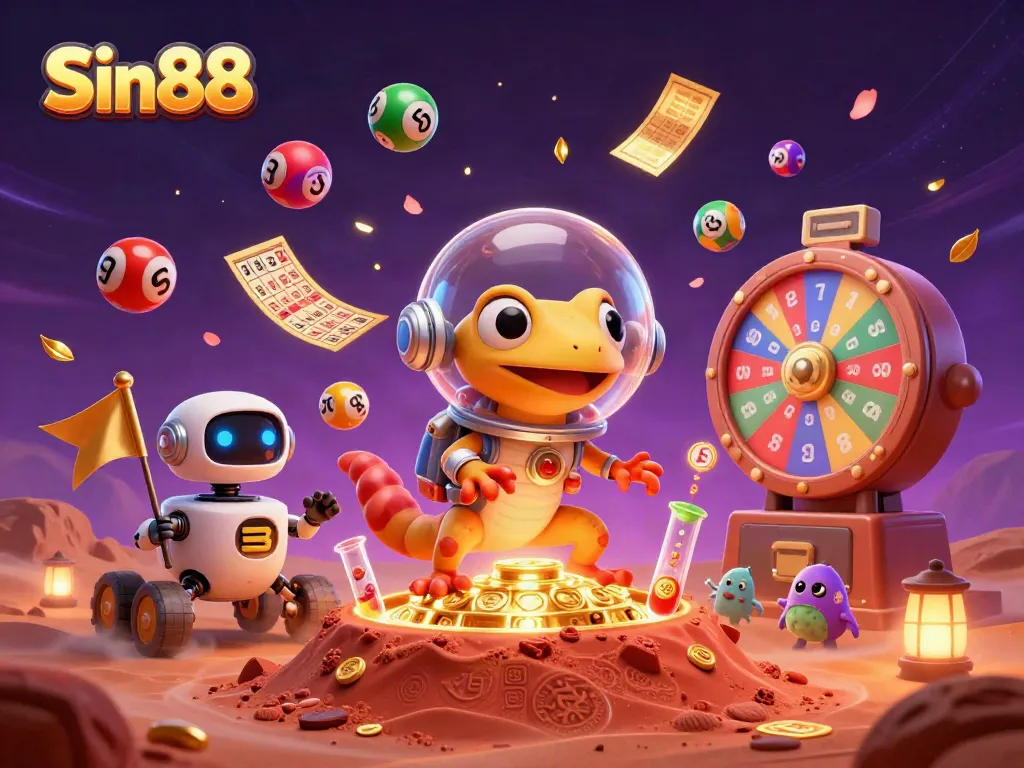 Experience vibrant games at Sin88 with a Martian gecko uncovering a hidden casino treasure.