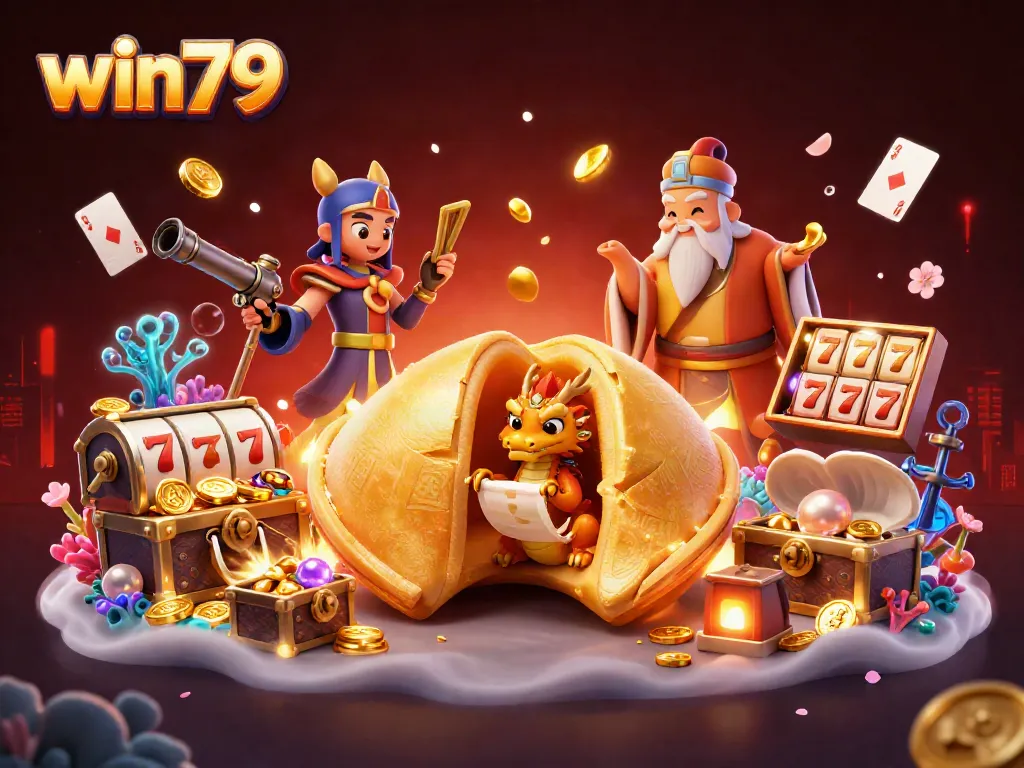 Engage with win79 through an enchanting illustration of fortune cookies and casino elements, showcasing winning strategies.