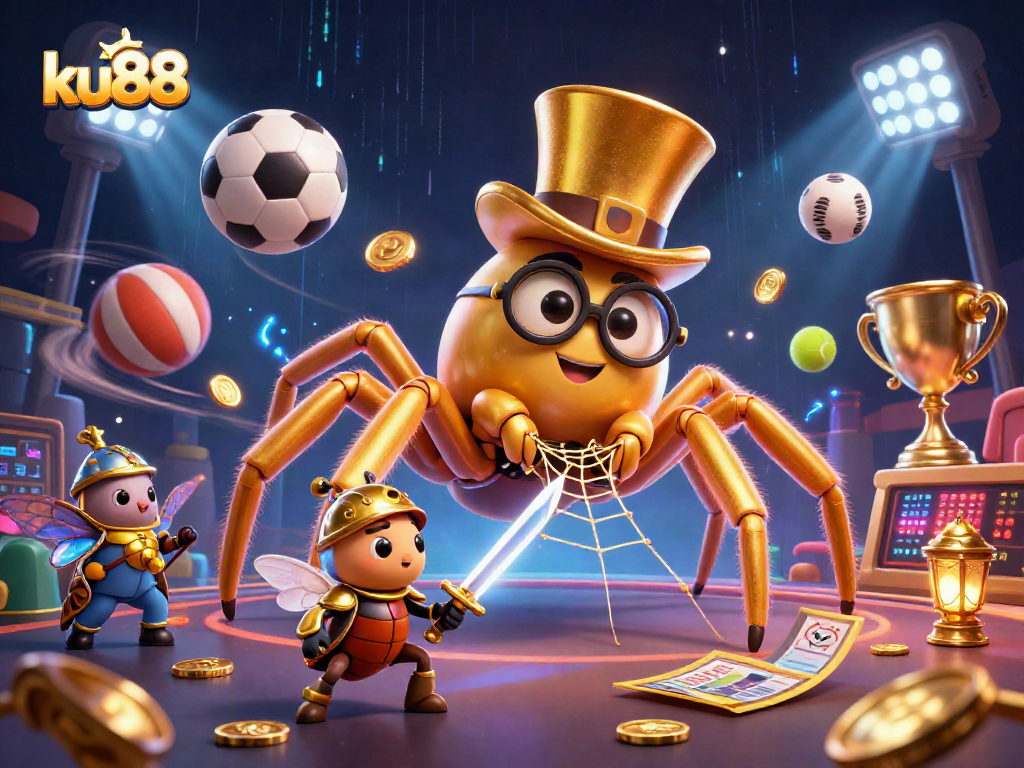 ku88 enhances gaming with a thrilling 3D illustration of a golden tarantula and a knight in the casino world.