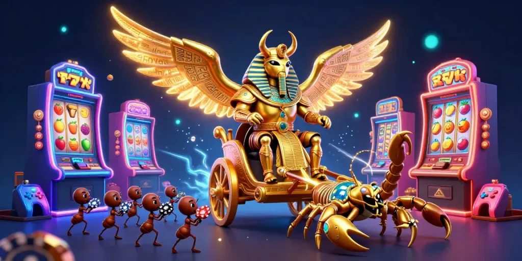 Experience excitement at situs gacor with a dynamic scene of a golden scarab beetle amid colorful slot machines.