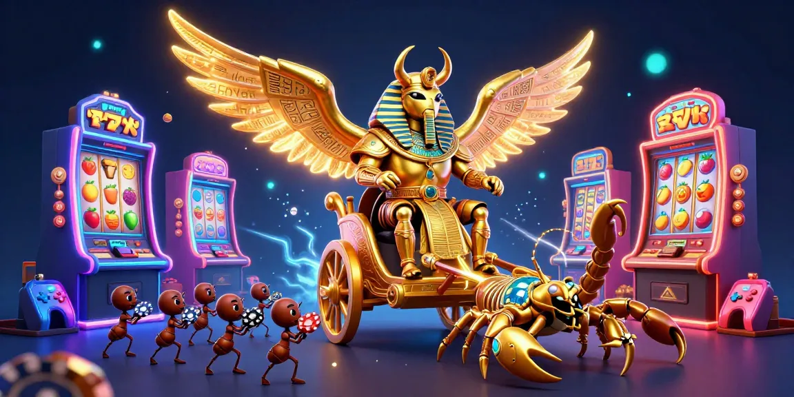 Experience excitement at situs gacor with a dynamic scene of a golden scarab beetle amid colorful slot machines.