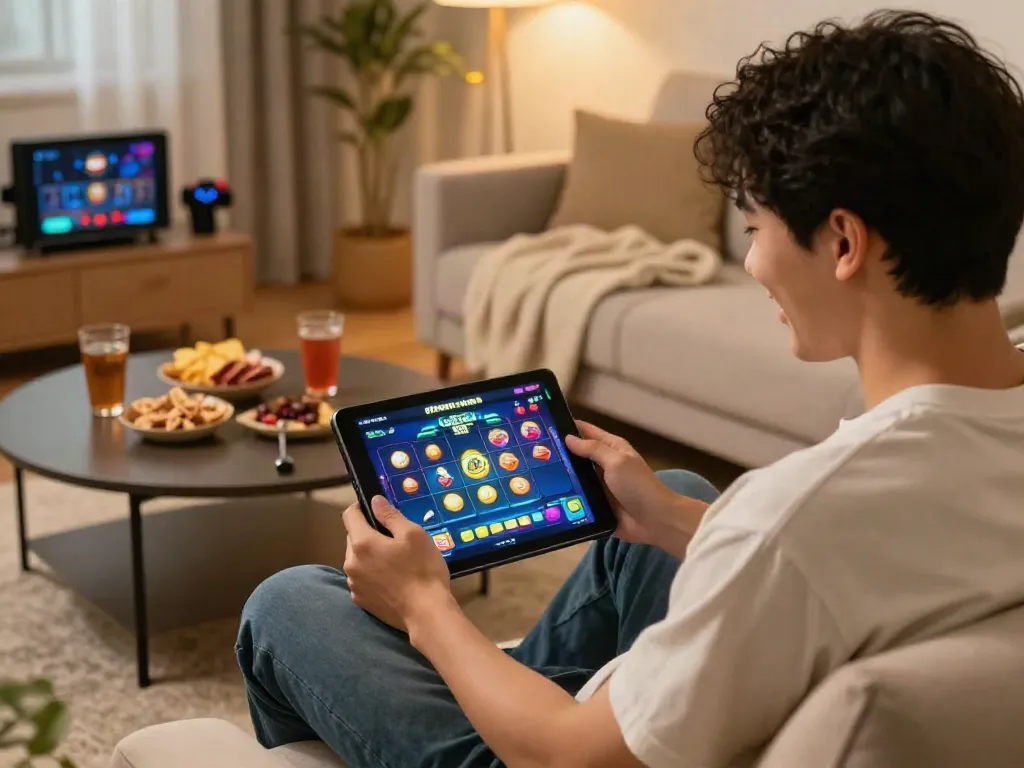 Person enjoying GG Soft Bounce Ball Slot Game in cozy living room with vibrant graphics and snacks