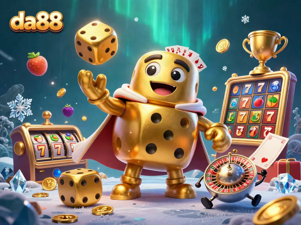 Win big at da88 with a lively scene featuring golden dice and dynamic slot game elements!