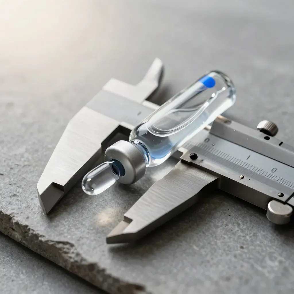 Macro still life of ampoules, a sample vial, and caliper on grey stone with blue glint