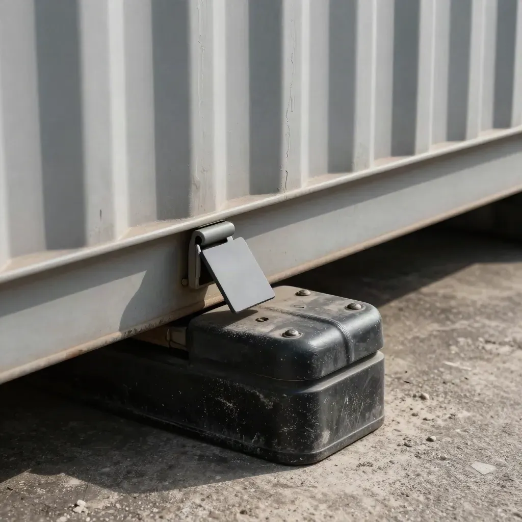 Cargo seal and container latch on scarred concrete, with pallet wedge and warehouse dust in raking light.
