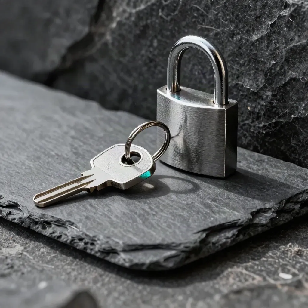 Vault key ring, access fob, and padlock on dark slate with dramatic light