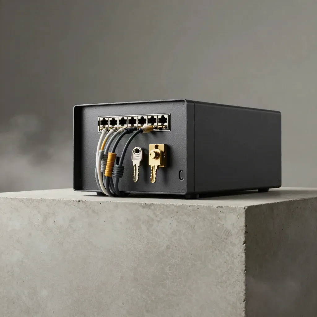 Matte-black firewall appliance with cables, keys, and fibre bundle on a misty concrete plinth.