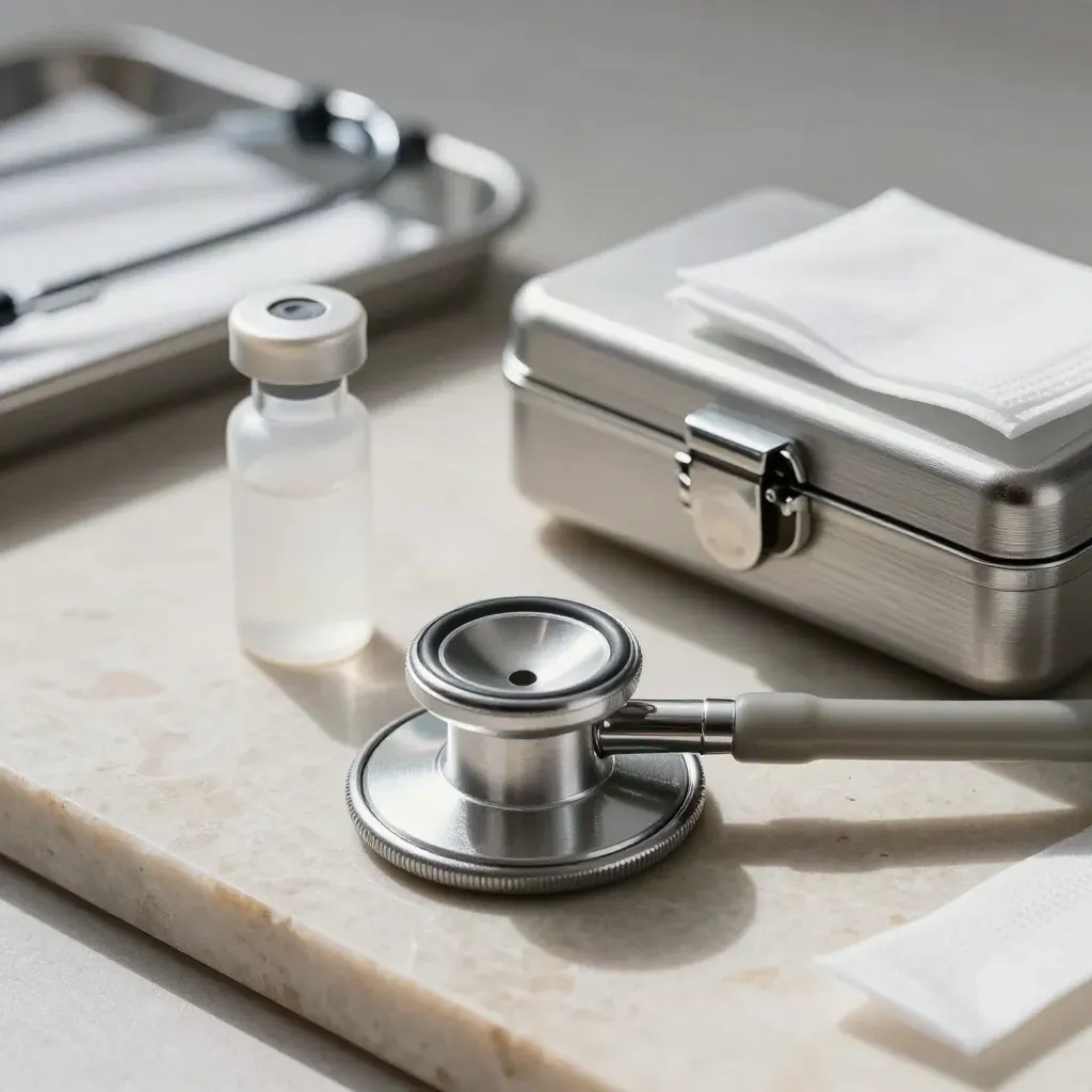 Stethoscope chestpiece, specimen vial, and forceps case on stone in dramatic healthcare still life.
