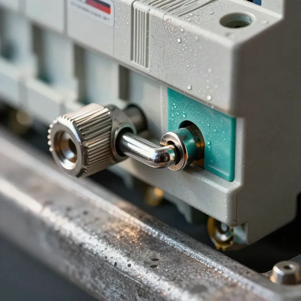 Macro of a lockout hasp snapping onto a breaker cover beside a weatherproof connector cap.