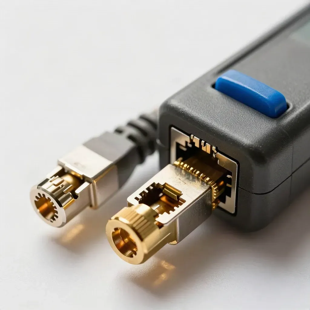 RJ45 plugs, brass port blocker, and cable tester on graphite stone in a tight macro.