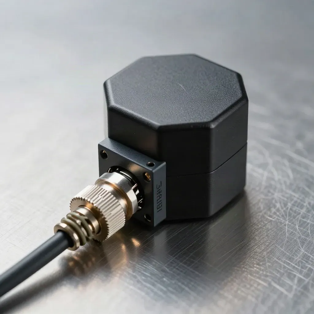 Relay block, alarm puck and cable gland on brushed steel under dramatic side light.