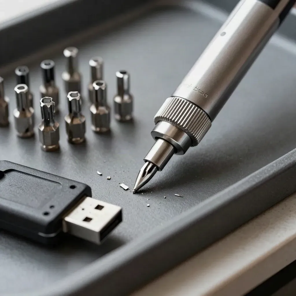 Macro still life of security probe, torx bits, and USB key on graphite metal with dust and soft light.