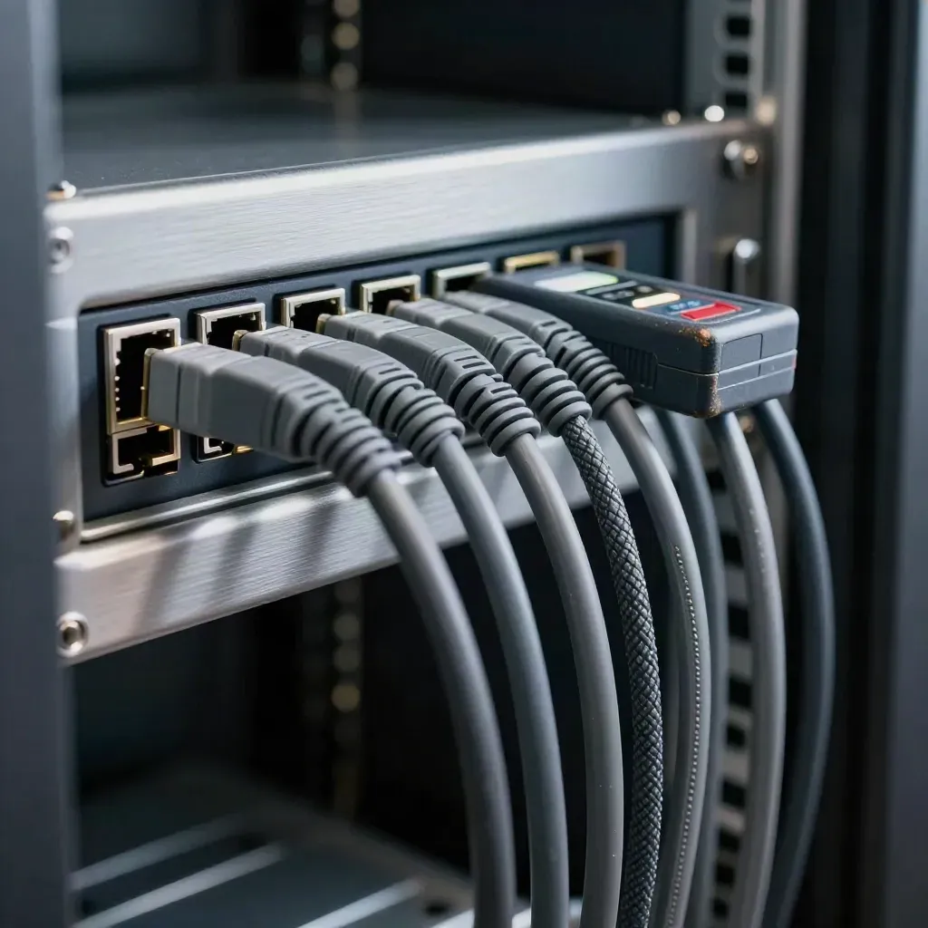 Patch leads, cable comb, and port tester inside a server rack, seen through a blurred rail.