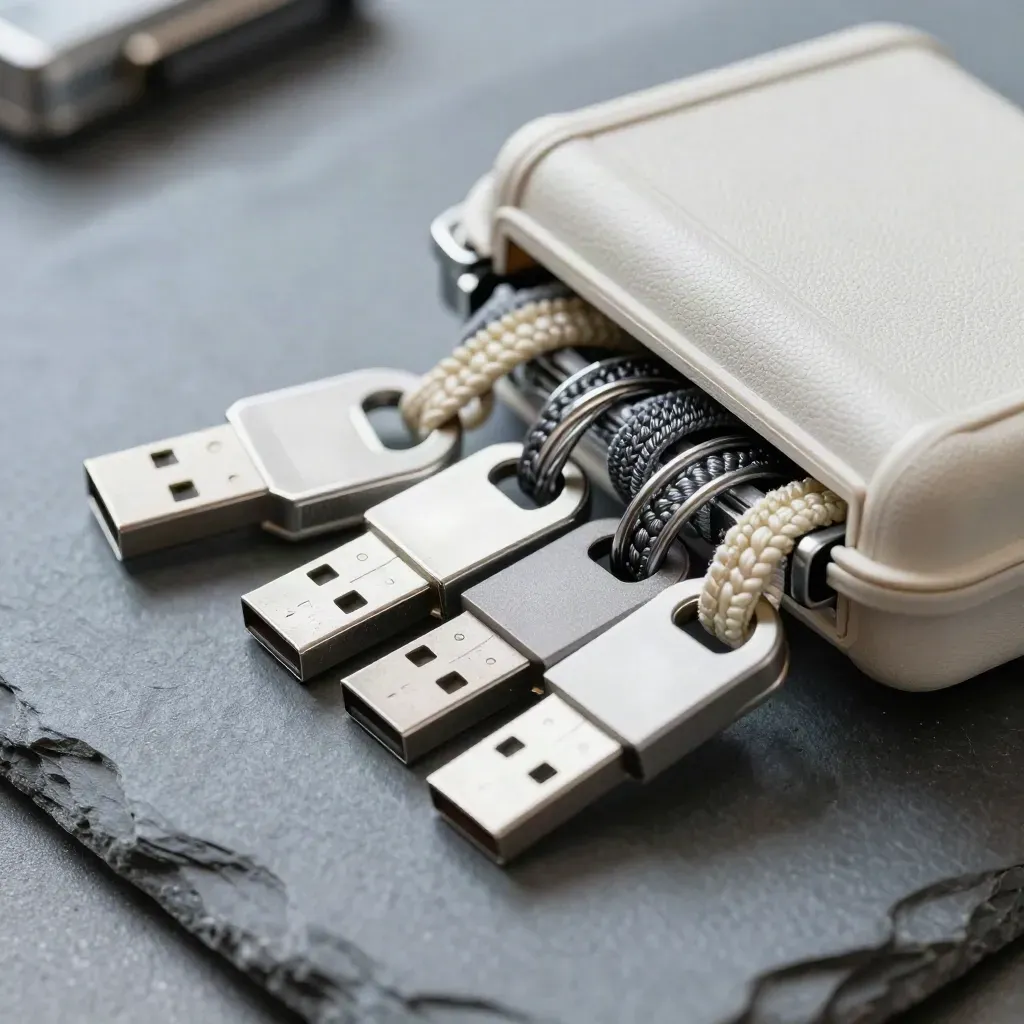 Encrypted USB keys, field case, and braided patch leads in a dramatic overhead still life.