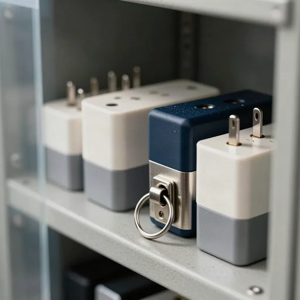 Macro still life of adapters, key ring and lockbox latch behind frosted glass