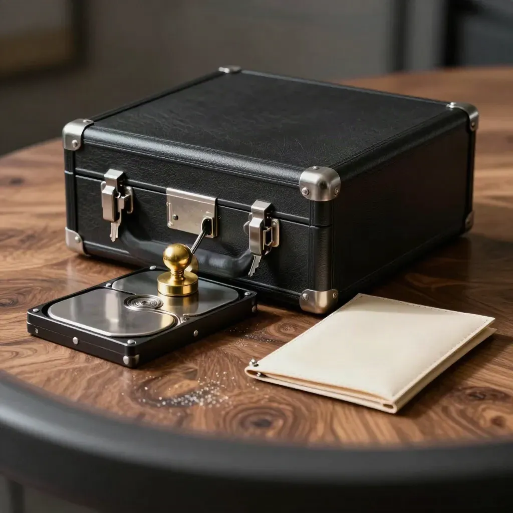 Black archive case sealed with brass and steel on warm wood, lit dramatically in a dark studio.