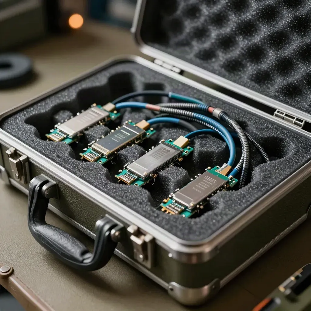 Macro of SFP modules and braided patch leads beside an open field service case.