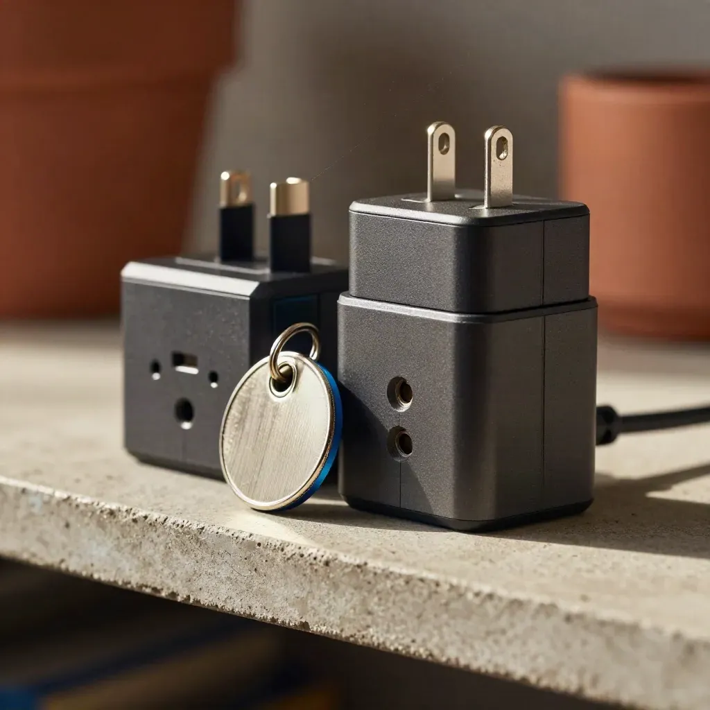 Adapter stack, hardware token and steel key ring on concrete, lit from upper left with a blue accent