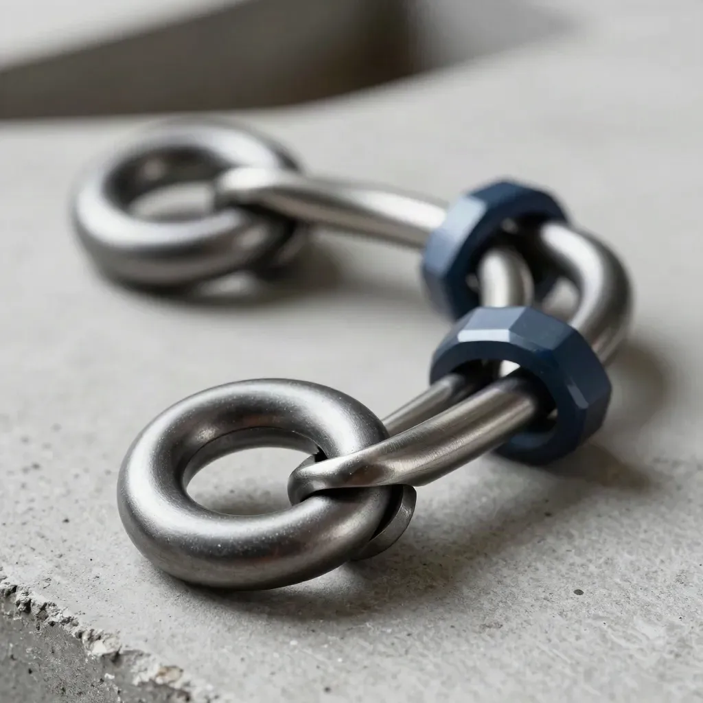 Steel rings, hex connectors, and a folded cable organizer on concrete, lit in close macro.