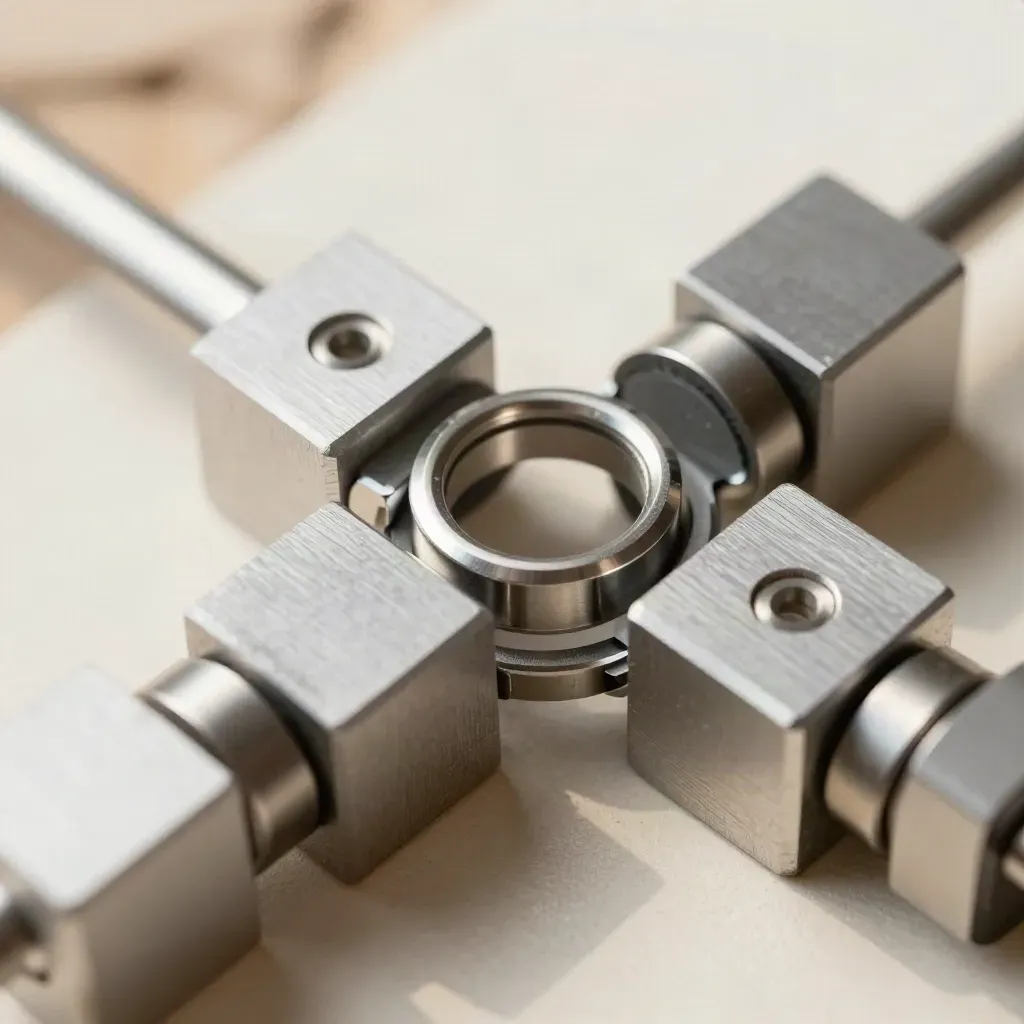 Machined aluminum blocks and a stainless ring join on a matte ivory stone surface.