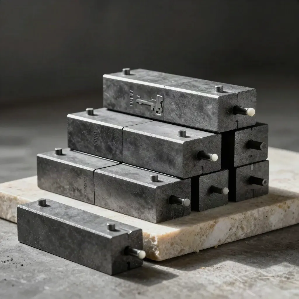 Graphite blocks with precision pins locking together on a limestone plinth in dramatic light