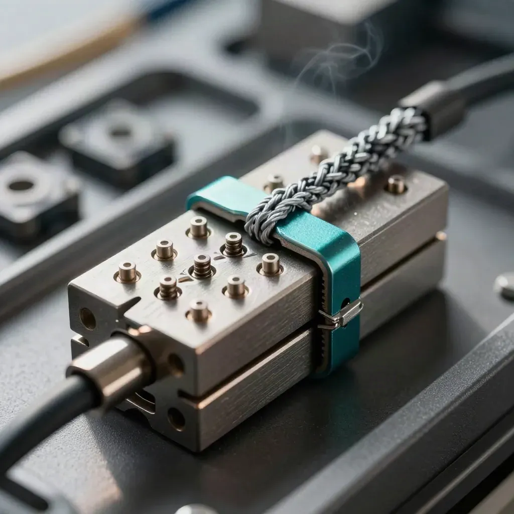 Macro of pogo-pin connectors, braided coupler and modular blocks with a teal accent.