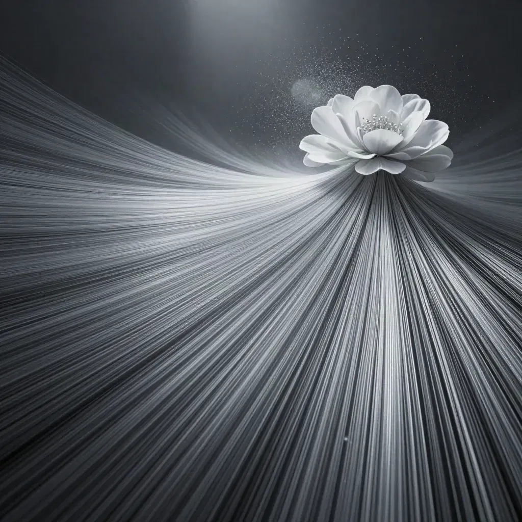 Silver filaments converge into a soft white bloom in dark graphite haze.