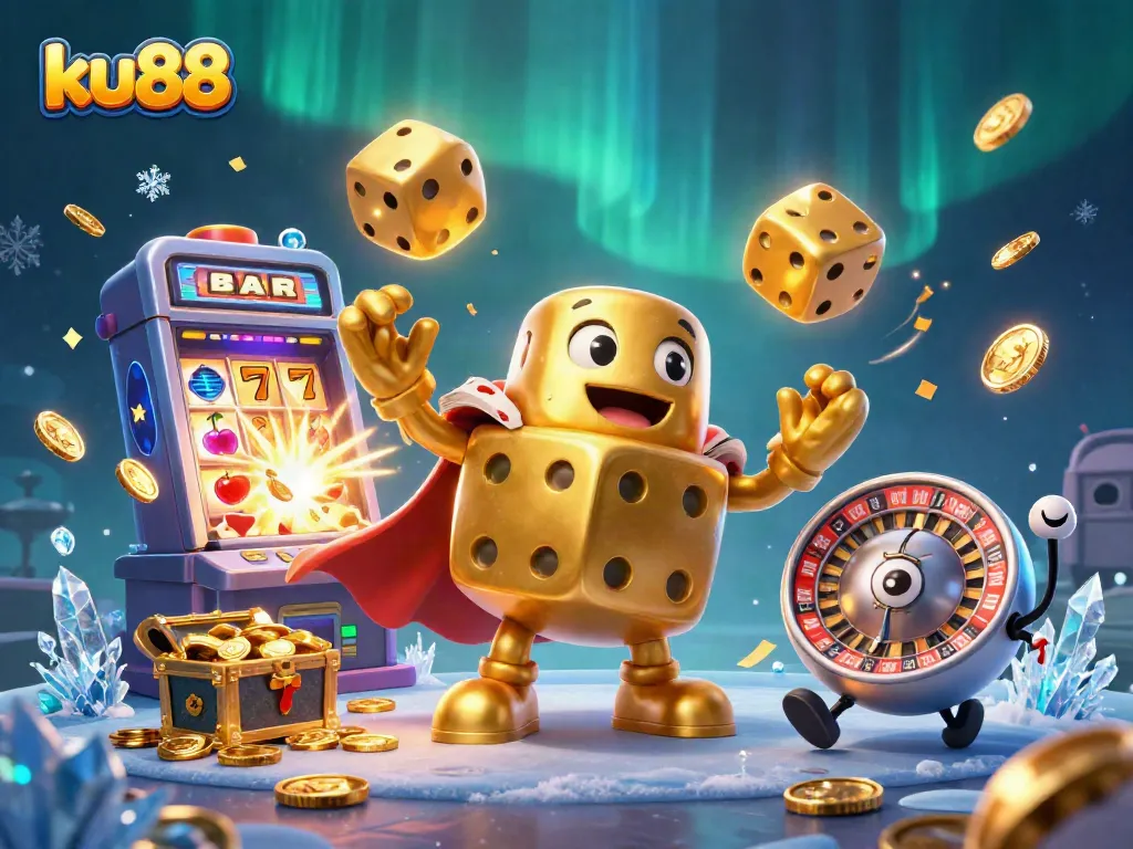 ku88 launches a vibrant slot machine explosion with golden dice and dynamic casino game elements.