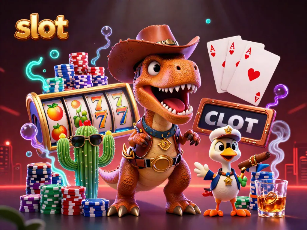 Spin the slot machines with a cowboy T-Rex, interactive elements of poker chips and jackpot symbols.
