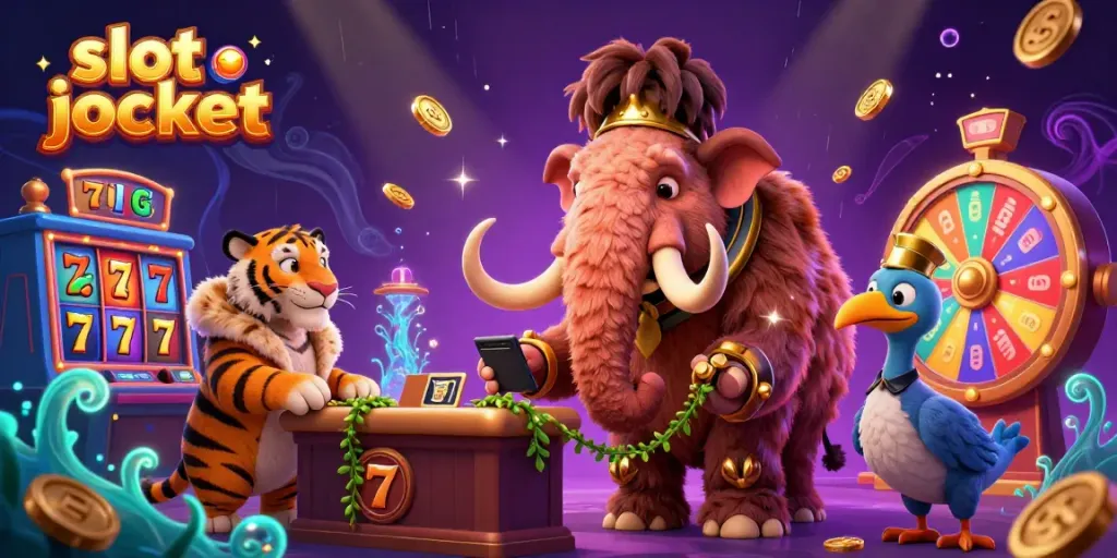 Experience the excitement of the slot jackpot with a woolly mammoth bouncer and colorful casino elements.