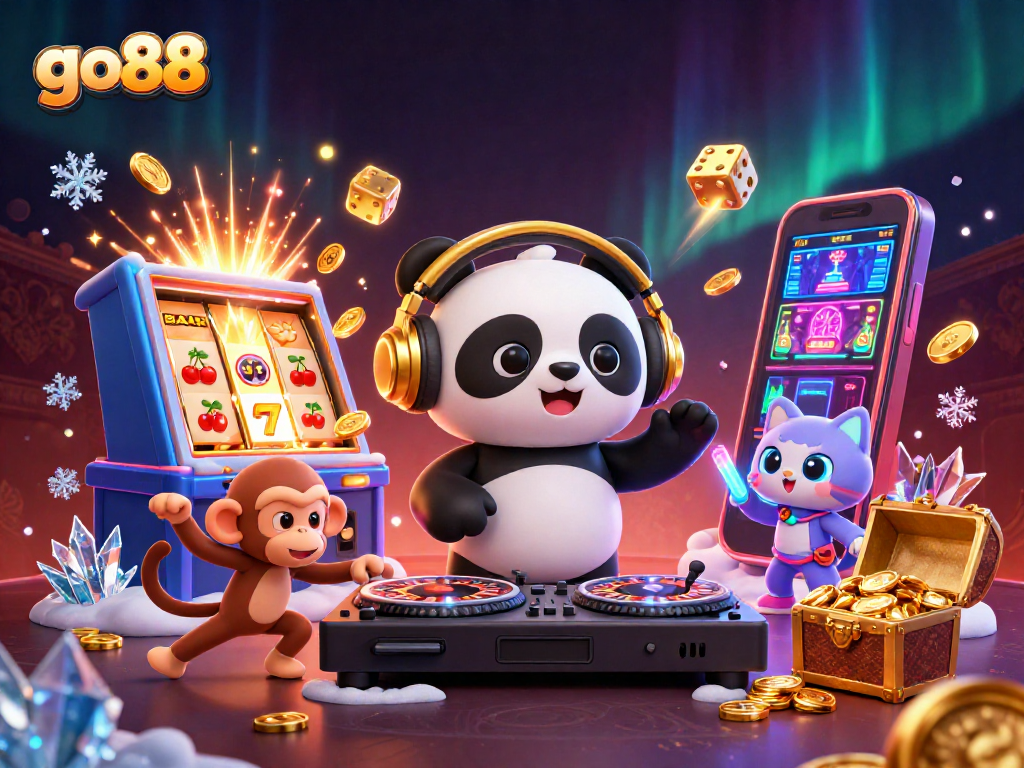 Experience the excitement of go88 with a vibrant casino scene featuring a DJ panda, a dancing monkey, and a kitten.