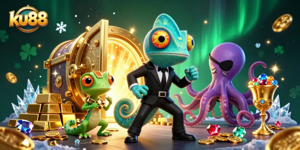 ku88 captivates players with a thrilling casino experience featuring vibrant animated characters and treasures.