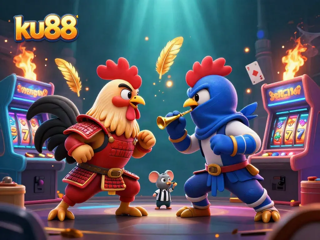 Bet on ku88 while witnessing a thrilling showdown between fighting roosters in a vibrant casino-themed scene.