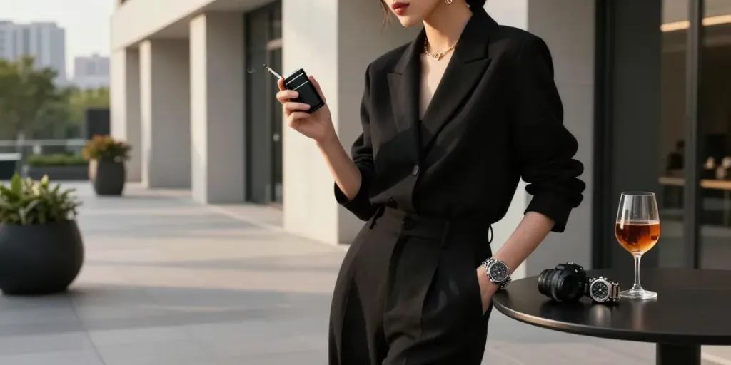 Explore elegance and sophistication with a luxury lifestyle scene at https://rokok88hitam.com, featuring stylish black attire and modern urban aesthetics.