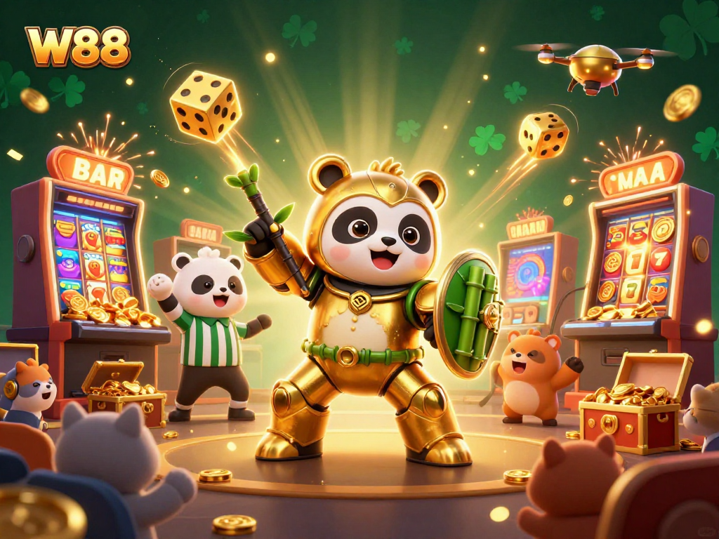 W88 showcases epic gaming excitement with a mech-suit panda and jackpot rewards.