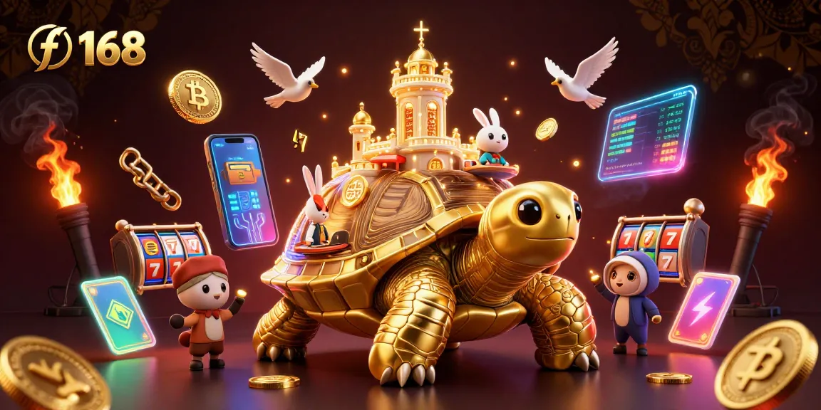 Experience thrilling gameplay with f 168 as golden tortoise hosts a vibrant 3D casino scene.