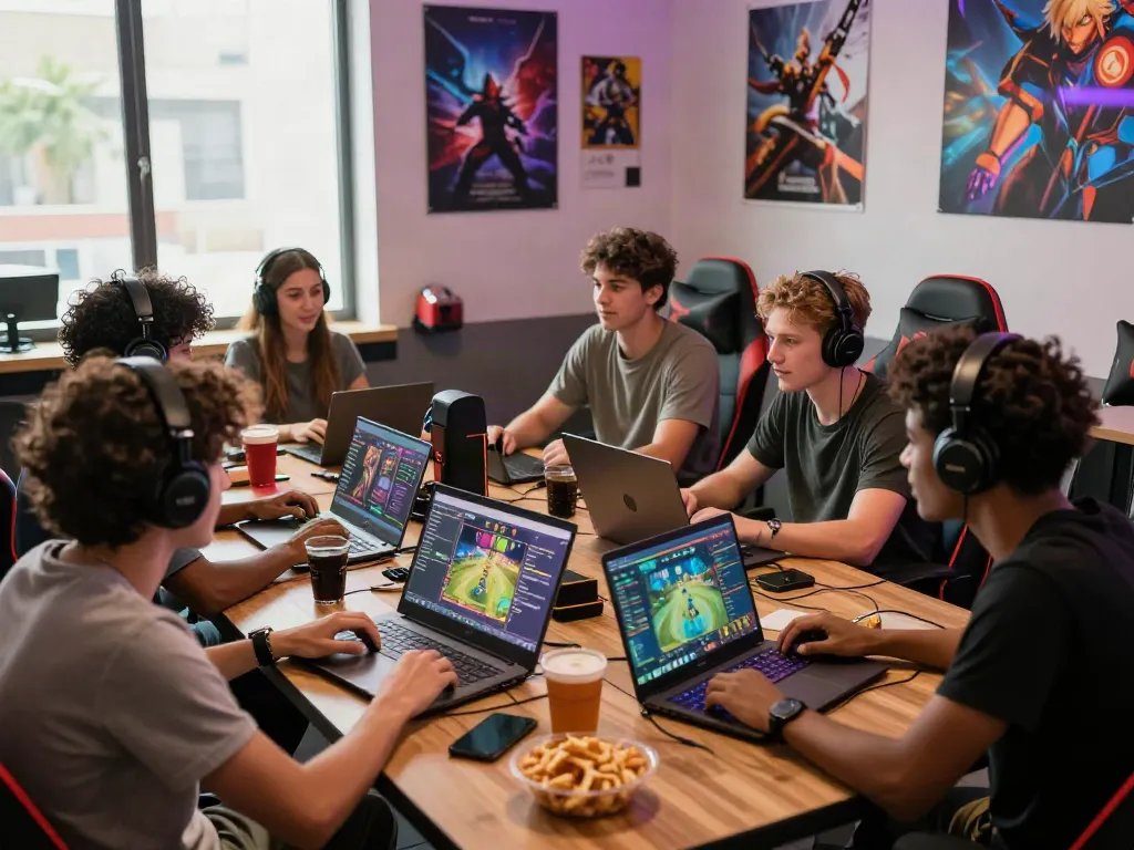 Friends discussing rokok88 link pattern strategies in a vibrant gaming lounge.