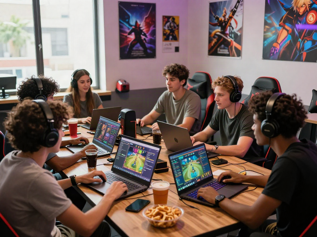 Friends discussing rokok88 link pattern strategies in a vibrant gaming lounge.