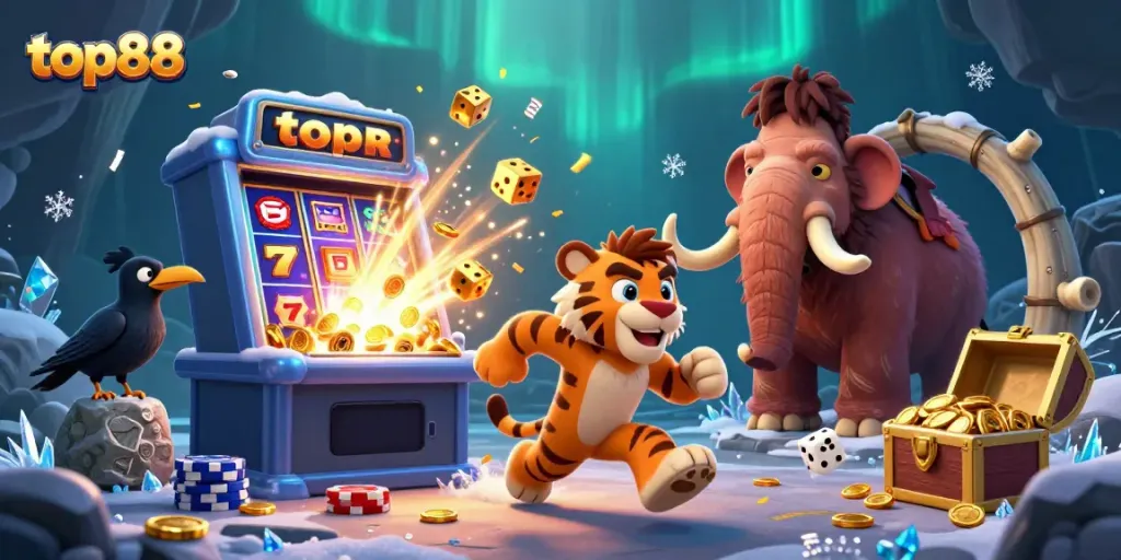 top88 casino scene with caveman duo, slot machine, and golden treasure overflowing