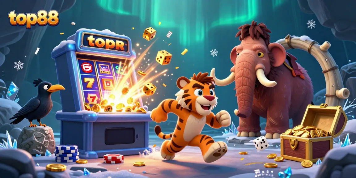 top88 casino scene with caveman duo, slot machine, and golden treasure overflowing